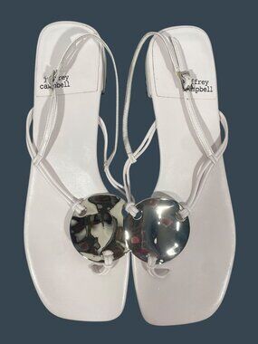 Anthro Jeffrey Campbell Chance White Strappy Flat Sandal shoes Silver Disc sz 9